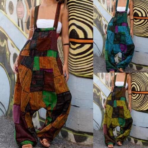 Jumpsuit Printed Wide Leg Dungarees Fashion Women Sleeveless Baggy Overalls for Spring Summer