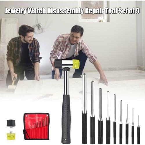 9pcs Roll Pin Punch Set with Hammer Watch Repair Tool Kit with Bag Carbon Steel SEC88