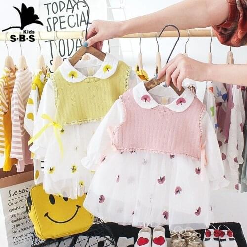 2021 New Arrival Spring Childrens Clothes Baby Girls Long-sleeved Cotton Dress and Vest Two-piece Set Newborn Baby Girls Dress
