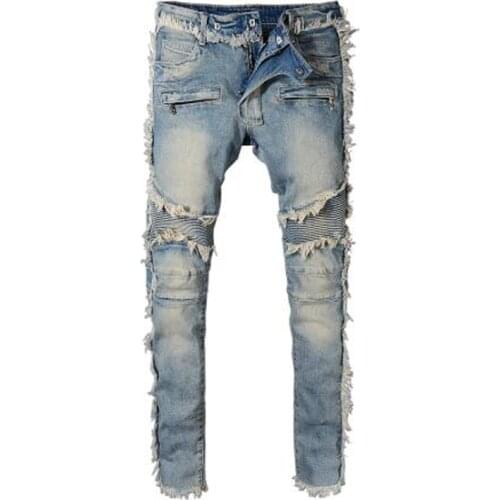 New Mens vintage washed denim fringe biker jeans for moto Fashion slim fit straight patchwork pants for big tall trousers 8818
