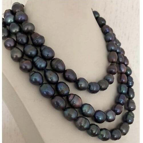 Single strands10-12mm tahitian baroque black green pearl necklace 48"