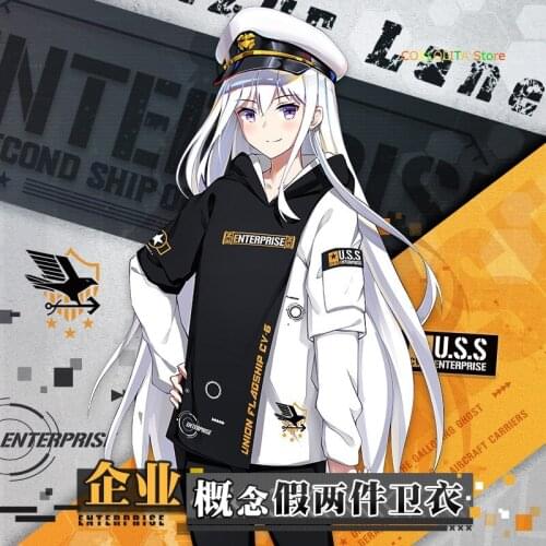 Anime Game Azur Lane USS Enterprise Casual Hooded Hoodie Sweatshirt Autumn Men Women Unisex Loose Fake Two Piece Pullover Tops