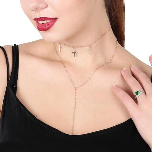 Simple Women Double Layer Cross Pendant Tassel Chain Necklace Party Jewelry Gift