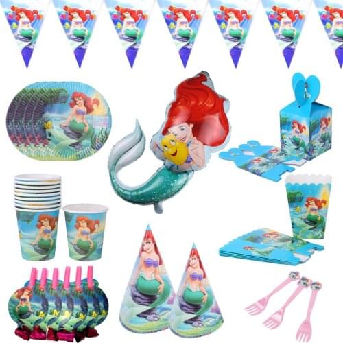 Ariel Mermaids Them Party Tablewares Paper Cups Plate Straw Cup Happy Birthday Party Favors Cartoon Figure Decorations Supplies