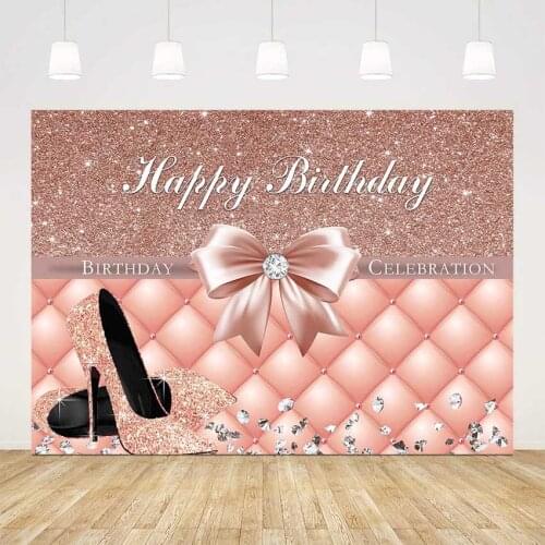 Happy birthday backdrop pink rose glitter background for photo studio pink bow High heels diamons birthday party decoration