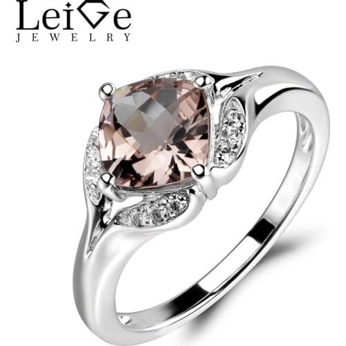 Leige Jewelry Morganite Ring Pink Morganite Engagement Promise Rings Sterling Silver 925 Natural Gemstone Ring Cushion Cut