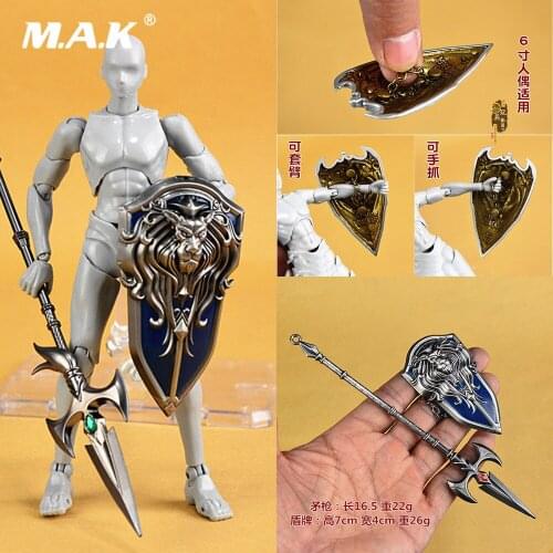 In Stock 1/12 Scale Male Figure Accessory Mini Spear Handheld Lion Head Metal Shield 6 Inches Model for 6'' Action Figure