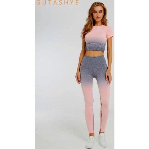 2 Pcs Women Seamless Ombre Gym Set Womens Gradient Yoga Outfit Sets Athletic Wear For Womens Exercise Sportwear Sports Suit