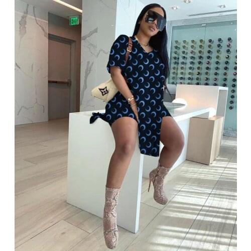 Spring Summer Clothing Two Piece Set Women Print High Slit Loose T-shirt Shorts Sets Fashion Club Outfits Streetwear Plus Size