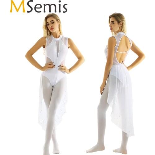 Women Shiny Rhinestones Ballet Leotard Dress Round Neck Sleeveless and Backless Gymnastics Leotard Bodysuit Ballet Dancewear