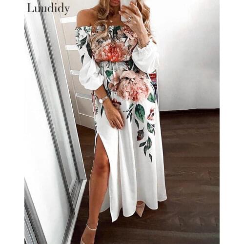 Women Elegant Off Shoulder Floral Print Tied Waist Maxi Dress Long Sleeve Side High Slit Dress