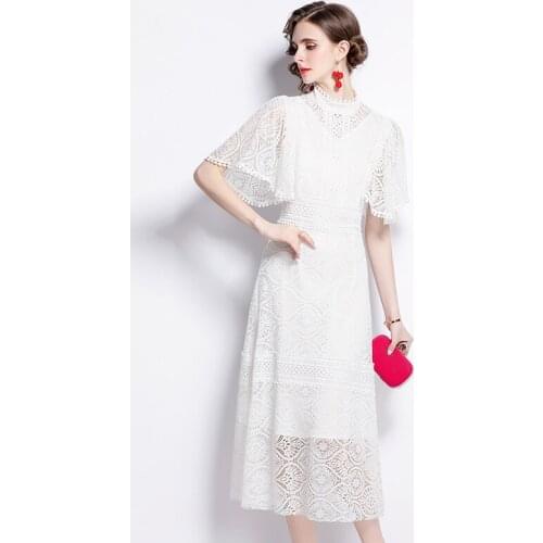 Runway Elegant Stand Collar Women Lace Dress Hollow Out Slim Flare Sleeve Long Dress Spring High Waist Party Vestidos k6505