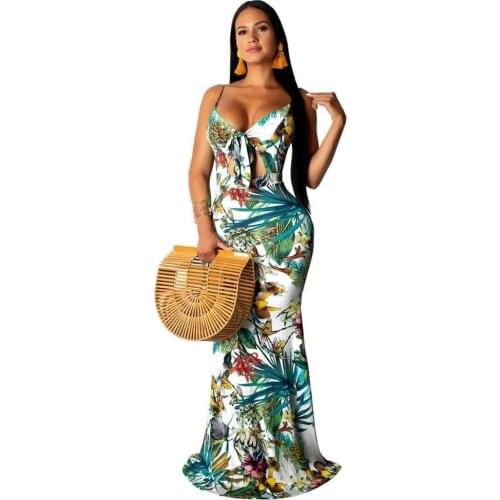 Spaghetti Strap Elegant Mermaid Long Dress Women Floral Print Open Back Bodycon Dress Summer Deep V Neck Sleeveless Beach Dress