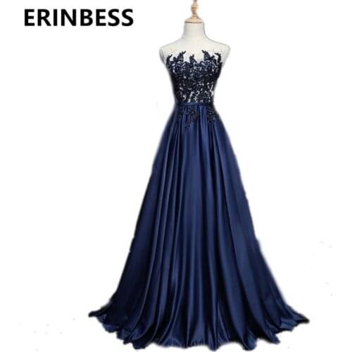 Robe De Soiree 2020 Navy Blue Evening Dresses Sheer Scoop Neck Beaded Pearls Women Formal Gowns Special Occasion Dress