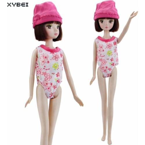 2 Pcs/Set = 1x Fashion Flower Pattern Summer Beach Bathing Swimwear + 1x Swimming Cap Clothes For Kurhn Doll 11" 11.5" Cute Toy