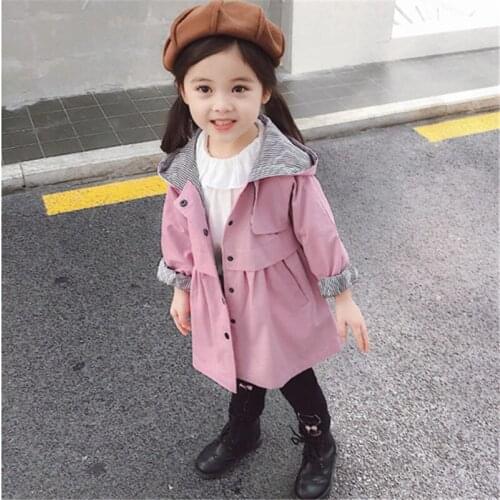 2021 Trench Coat Baby Toddle Girls England Style Spring Autumn Fashion Girls Long Windbreaker Coat Hooded Outerwear Cotton Coat