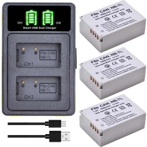 1800mAh NB-7L NB7L NB 7L Li-ion Battery + LED USB Charger with Type C Port for Canon PowerShot G10 G11 G12 SX30 SX30IS Cameras