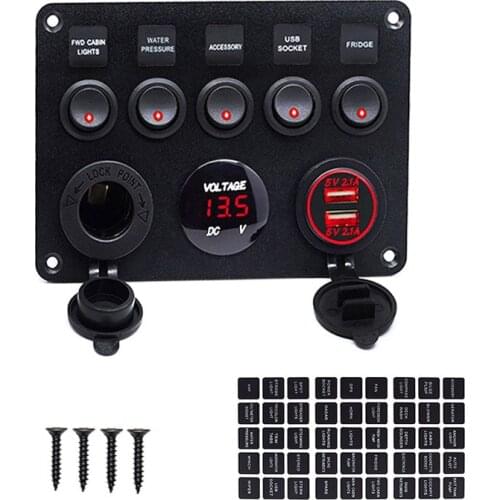 For Yacht Caravan Truck Marine Boat 5 Gang Marine Switch Waterproof Panel with Digital Voltmeter 2 USB Charger