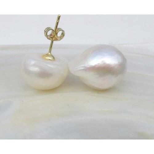 Hot Huge AAA 13x12mm South Sea White Baroque Pearl Earrings YELLOW 925silver