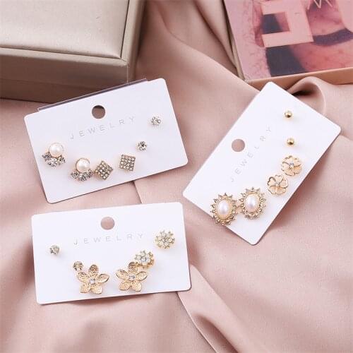 HTZZY New Fashion Earrings for Women Trendy Golden Crystal Pearl Geometry Stud Earrings Temperament Jewelry Earrings Set 3 Pairs