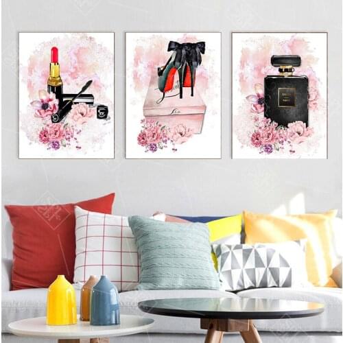 Pink Flower Perfume Art Poster High Heels Canvas Painting Makeup Wall Art Paintings Vogue Poster Wall Pictures Living Room Decor