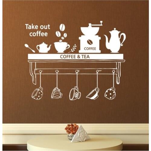 Coffee Tools Wall Art Sticker Take Out Coffee Quote Wall Decal Home Kitchen Decor Coffe Cups Shelf Vinyl Wall Art Decals AZ100