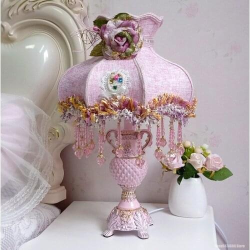 Korean Pink Fabric Lace Resin Table Lamp Study Room Reading Bedroom Bedside Table Lamp Living Room Kitchen Home Decoration Lamps