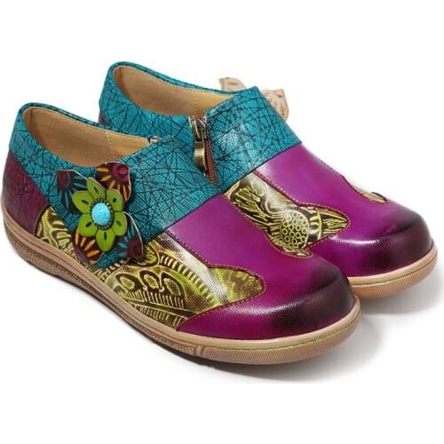 Retro Genuine Leather Splicing Flats Shoes Women Zipper Casual Loafers Soft Sole Sports Shoes Woman Vintage Flower Flats