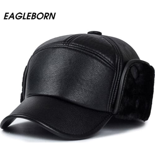 2020 Men winter hats PU leather baseball cap men protect ear fur bomber hats snapback casquette outdoor Keep warm dad hat gorras