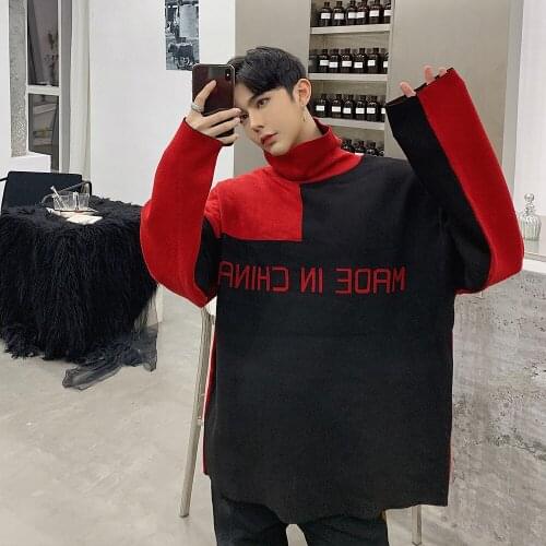 Fashion Men Sweater Patchwork Long Sleeve Knitted Pullovers Double-sided Oversize Turtleneck Streetwear Casual Winter Clothing