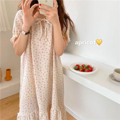 Cherry Print Summer Nightgown Women Cotton Soft Loose Sleepwear Bow Collar Short Sleeve Long Midi Dress Home Clothes Ruffles