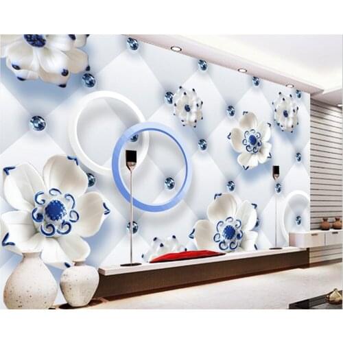 Custom wallpaper fashion lotus flowers 3D blue and white porcelain soft package TV background wall decoration painting фотообои