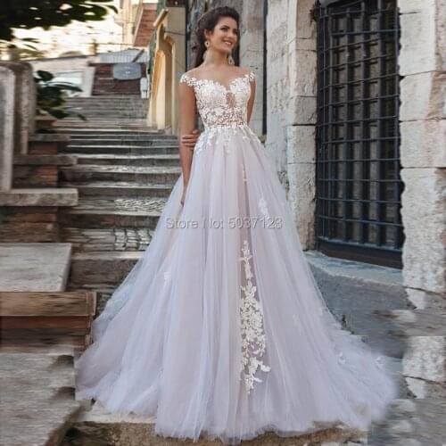 Sheer Scoop neck A Line Wedding Dresses Sexy Flowers Lace Appliques Cap Sleeve trouwkleed Bridal Gown Light Lilac Vestido Noiva