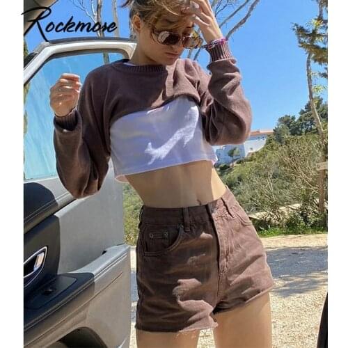 Rockmore Brown Vintage Jeans Shorts Women 90s Streetwear Pockets Cargo Pants Y2K Low Waist Straight Denim Summer Sweatshorts 90s