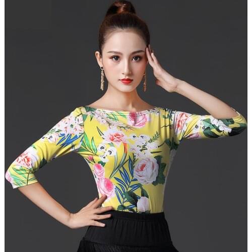 Autumn Latin Dance Performance Round Neck Shirt New Female Adult Print Tops National Standard Ballroom Dancing Practice Clothing