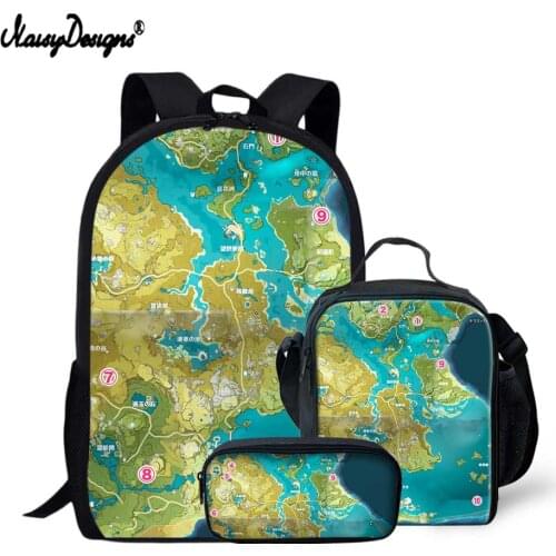 NOISYDESIGNS 3Pcs/Set Genshin Impact Map Print Primary School Bags Fashion Teenager Boys Girls Backpack School Supplier Mochilas