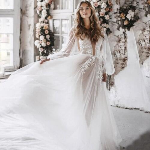 Scoop Long Sleeve Buttons Backless A-Line Tulle Wedding Dress 2021 Vestido De Noiva Bridal Gown