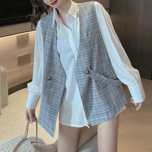Sungtin Casual Plus Size Korean Plaid Blazer Vest Women Spring Sashes V Neck Vest Female All Match Vintage with Belt Waistcoat