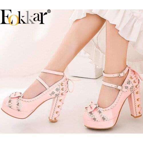 EOKKAR Lolita Pumps for Womens Sweet Lolita Mary Jane Platform Chunky Heel Pumps Kawaiil Rockabilly Shoes Ankle Strap Pumps