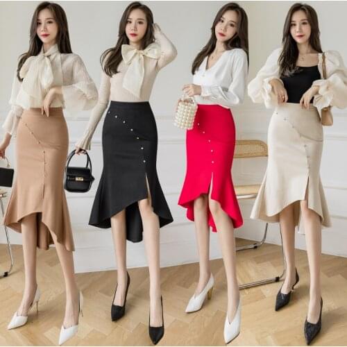 French Style Stretch Skirts Womens New High-waisted Black Split Diamond Fishtail Sexy Hip Skirt for Young Women BSQ340