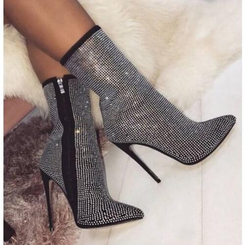 Womens shoes sequined cloth thin high-heeled shoes 11.5 cm pointed toe gold onion womens rhinestone nude boots short boots