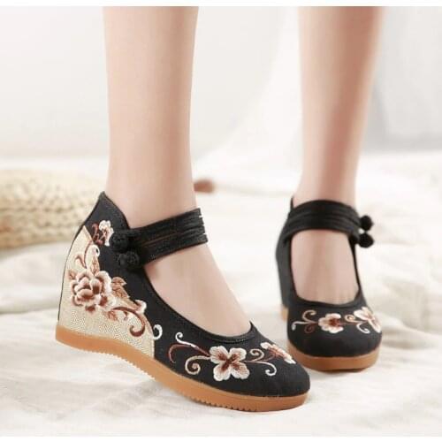New Women Canvas Increasing Height Ankle Buckle Strap Spring Autumn Shoes China Style Embroiders Wedges Heels Shoes 20190318