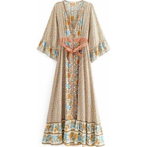 Ladies V Neck Sashes Summer Boho Dress Vintage Chic Women Floral Print Single Breasted Beach Bohemian Dress