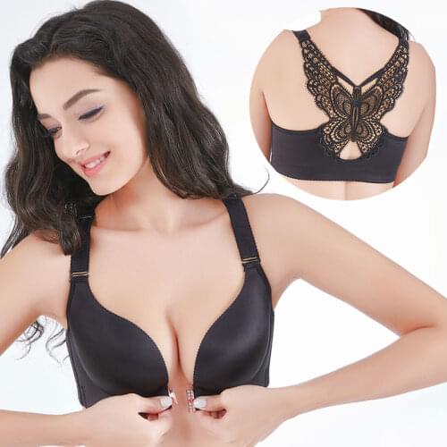 Plus Size Sexy Push Up Bra Front Closure Butterfly Brassiere Backless Bralette Breast Seamless Bras for Women D E 120 115 110