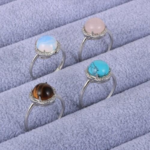 Women Natural 10mm Gem Stone Red Green Stone Open Rings Amethysts Red Agates Turquoises Micro-Zircon Wedding Joint Rings Jewelry