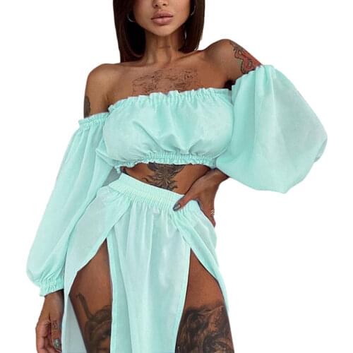 2021 Sexy Women Bikini Cover Up Sets Solid Color Long Sleeve Off Shoulder Crop Top and High Split Long Skirt Cover Ups