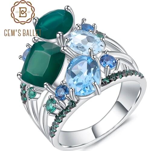 GEMS BALLET 925 Sterling Silver Stack Rings Natural Green Agate Topaz Gemstones Finger Ring for Women Wedding Fine Jewelry