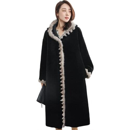 Womens Coat Natural Mink Fur Trim Sheep Shearing Jacket Women 2020 Long Real Wool Coats Winter Jackets Hood ZZH1830