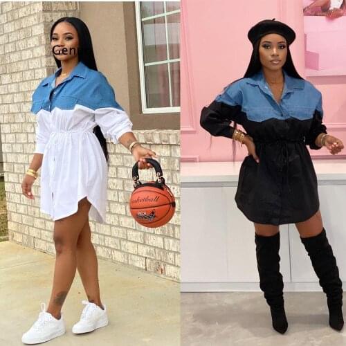 Women Casual Vintage Denim Shirt Dress Long Sleeve Irregular Hem Long Tops Shirts Oversized Vestidos