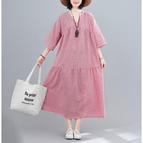 Patchwork Vintage Plaid Dress 2021 New Fashion Short Sleeve Loose Summer Dress Cotton Linen Women Travel Casual Long Dress